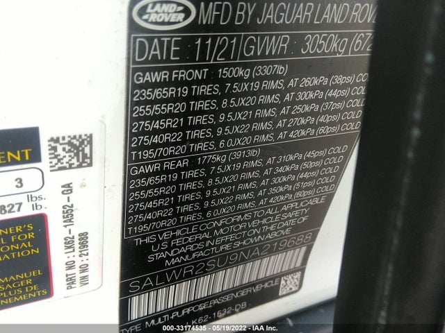 2022 Land Rover Range Rover Sport, VIN: SALWR2SU9NA219688