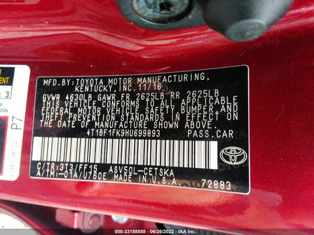 Toyota CAMRY SE 2017 4T1BF1FK9HU699893 Image 9