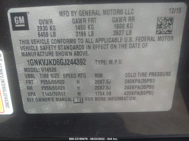 2016 Chevrolet Traverse, VIN: 1GNKVJKD6GJ244392