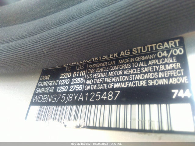 2000 MERCEDES-BENZ S CLASS VIN: WDBNG75J8YA125487