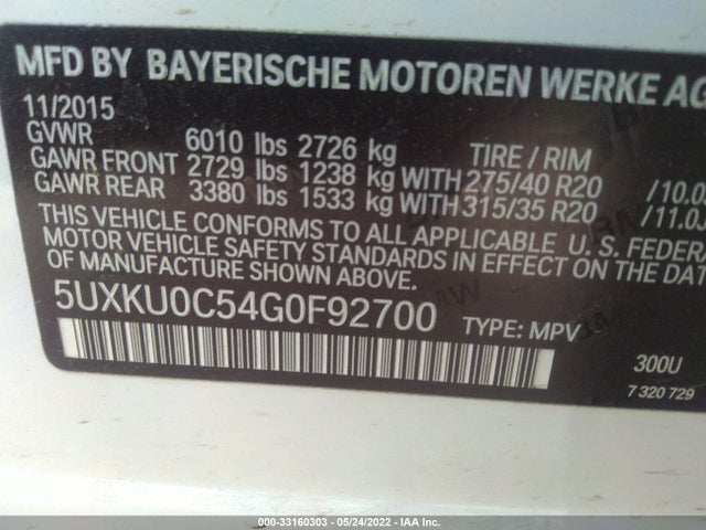 2016 BMW X6, VIN: 5UXKU0C54G0F92700