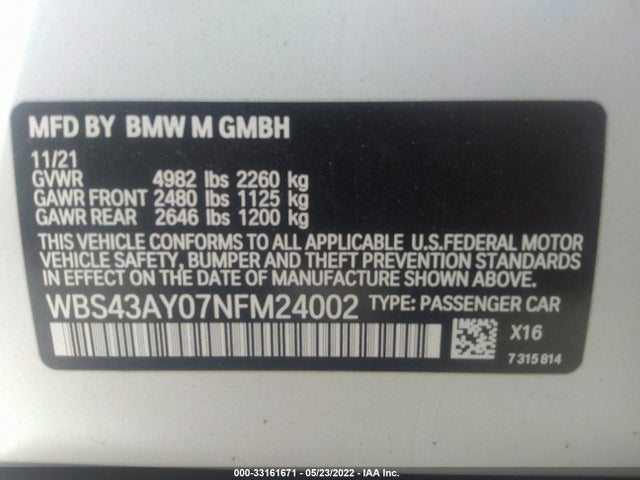 2022 BMW M3, VIN: WBS43AY07NFM24002