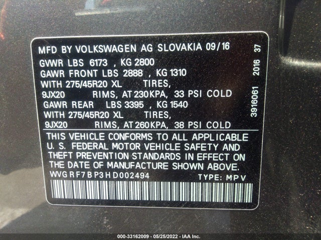 2017 Volkswagen Touareg, VIN: WVGRF7BP3HD002494