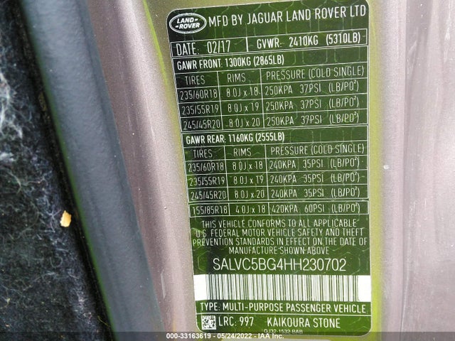 2017 Land Rover Range Rover Evoque, VIN: SALVC5BG4HH230702
