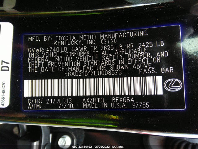 2020 Lexus ES, VIN: 58AD21B17LU008573