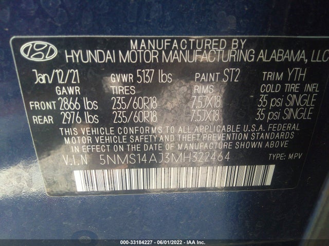 2021 Hyundai Santa Fe, VIN: 5NMS14AJ3MH322464
