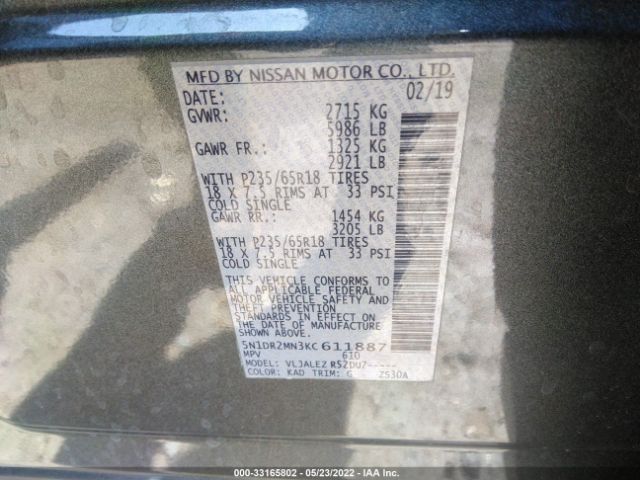 5N1DR2MN3KC611887 Nissan Pathfinder Sv