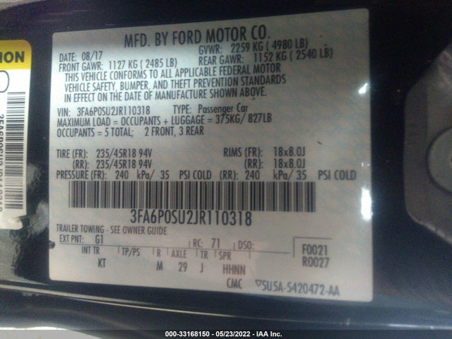 2018 Ford Fusion, VIN: 3FA6P0SU2JR110318