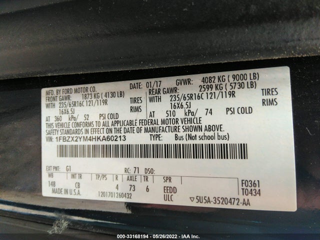 2017 Ford Transit, VIN: 1FBZX2YM4HKA60213