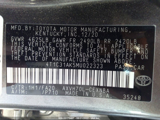2021 Toyota Camry, VIN: 4T1C31AK5MU022323
