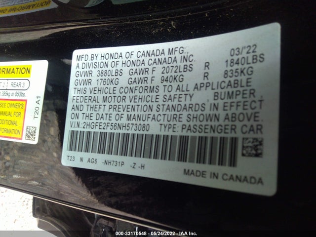 2022 Honda Civic, VIN: 2HGFE2F56NH573080