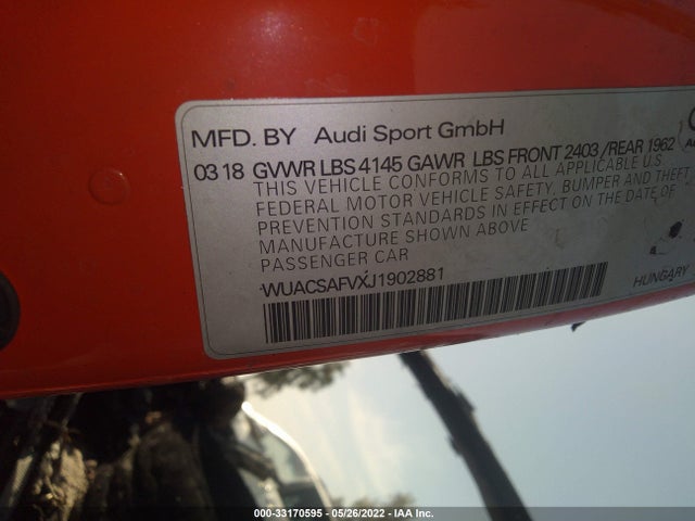Audi TT RS 2018 WUACSAFVXJ1902881 Image 9