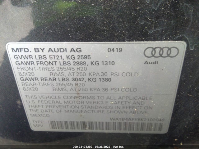 2019 Audi SQ5, VIN: WA1B4AFY8K2102048
