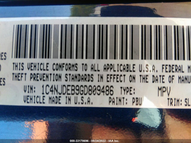2016 Jeep Compass, VIN: 1C4NJDEB9GD809486