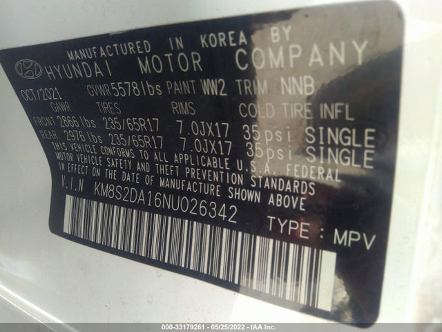 2022 Hyundai Santa Fe, VIN: KM8S2DA16NU026342