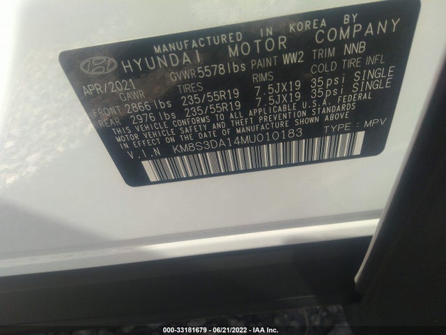 2021 Hyundai Santa Fe, VIN: KM8S3DA14MU010183