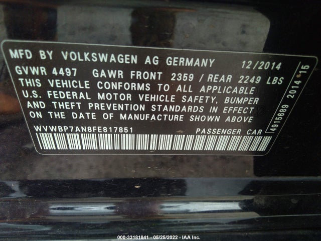 2015 Volkswagen CC, VIN: WVWBP7AN8FE817851