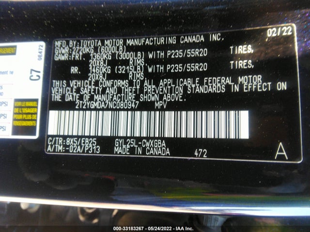 2022 Lexus RX, VIN: 2T2YGMDA7NC080947