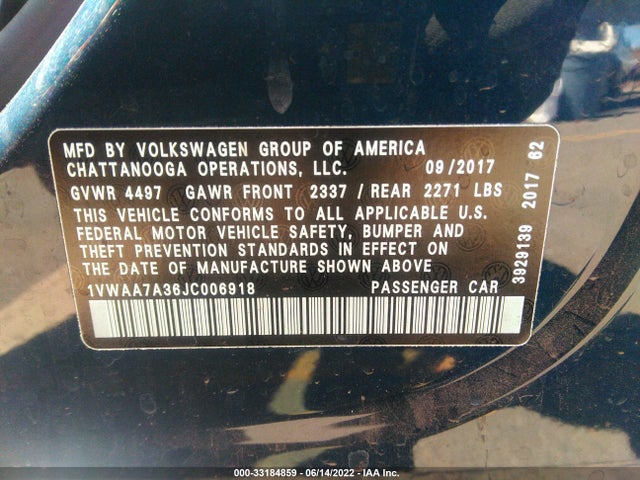 2018 VOLKSWAGEN PASSAT 2.0T S/R-LINE VIN: 1VWAA7A36JC006918