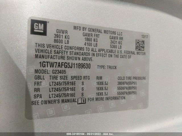 2018 GMC Savana, VIN: 1GTW7AFG5J1189630