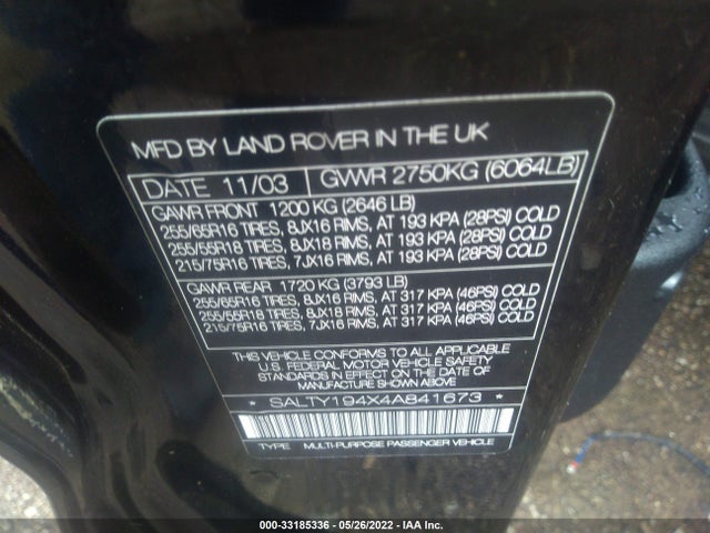 2004 LAND ROVER DISCOVERY SE VIN: SALTY194X4A841673