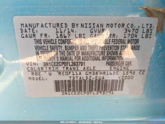 3N1CE2CP0FL393791 Nissan Versa Note S/s Plus/sv/sr/sl
