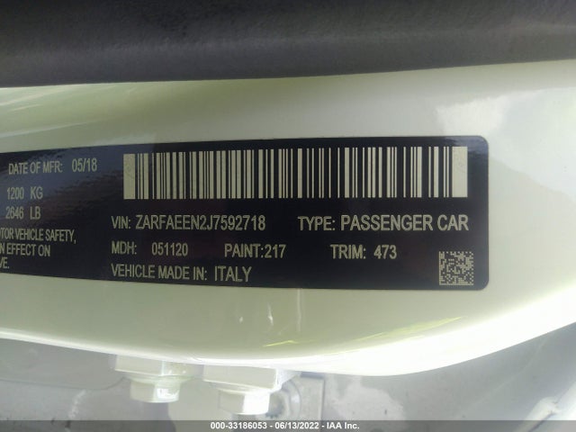 2018 Alfa Romeo Giulia, VIN: ZARFAEEN2J7592718