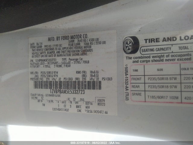 33187519 :رقم المزاد ، 1ZVBP8AM5E5332723 vin ، 2014 Ford Mustang V6 مزاد بيع