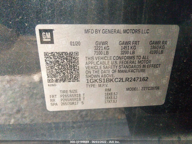2020 GMC Yukon, VIN: 1GKS1BKC2LR247162