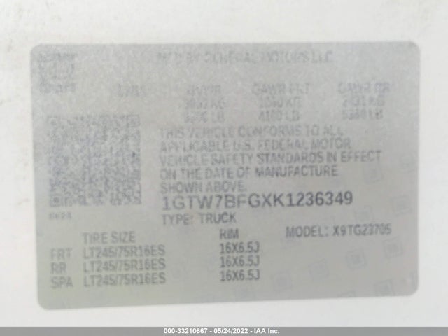 2019 GMC Savana, VIN: 1GTW7BFGXK1236349