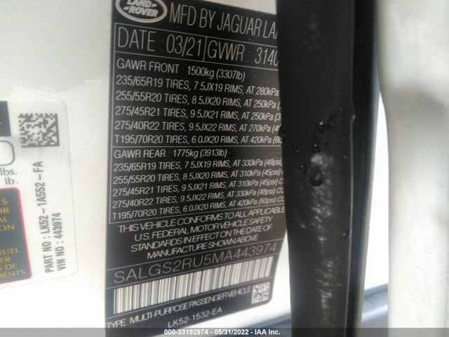 2021 Land Rover Range Rover, VIN: SALGS2RU5MA443974