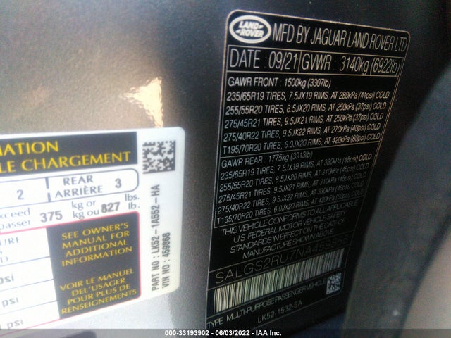 2022 Land Rover Range Rover, VIN: SALGS2RU7NA459868