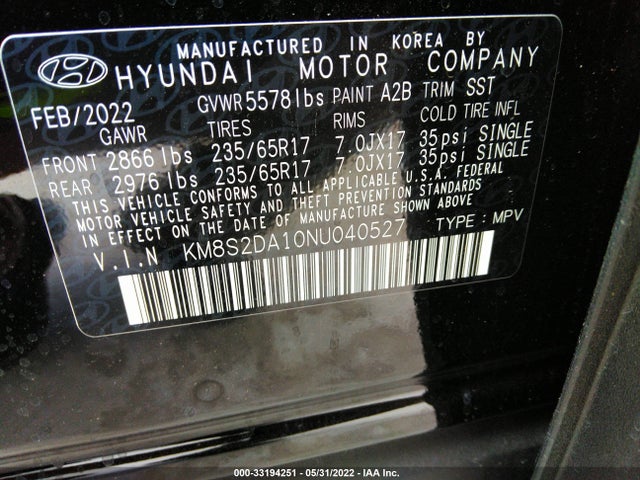 2022 Hyundai Santa Fe, VIN: KM8S2DA10NU040527