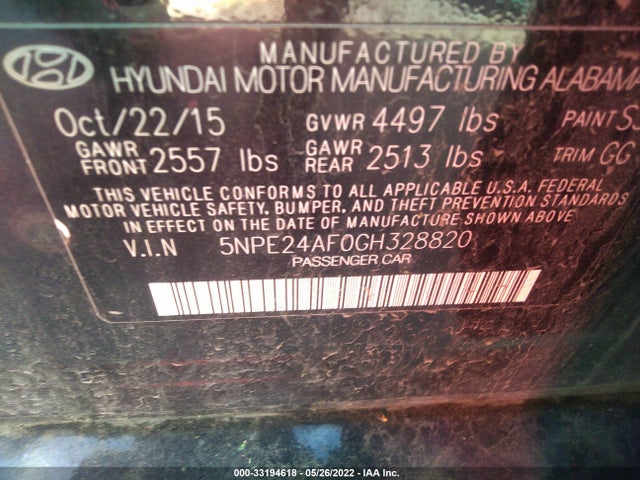 2016 HYUNDAI SONATA VIN: 5NPE24AF0GH328820