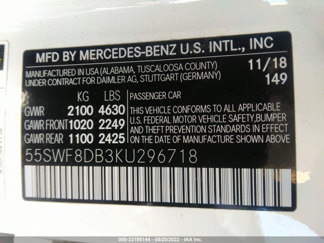 2019 Mercedes-Benz C-Class, VIN: 55SWF8DB3KU296718