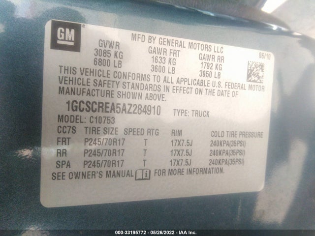 2010 CHEVROLET SILVERADO 1500 VIN: 1GCSCREA5AZ284910