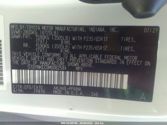 2021 Toyota Sienna, VIN: 5TDYRKEC5MS062584