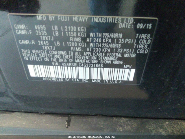 2016 Subaru Outback, VIN: 4S4BSBLC4G3234666