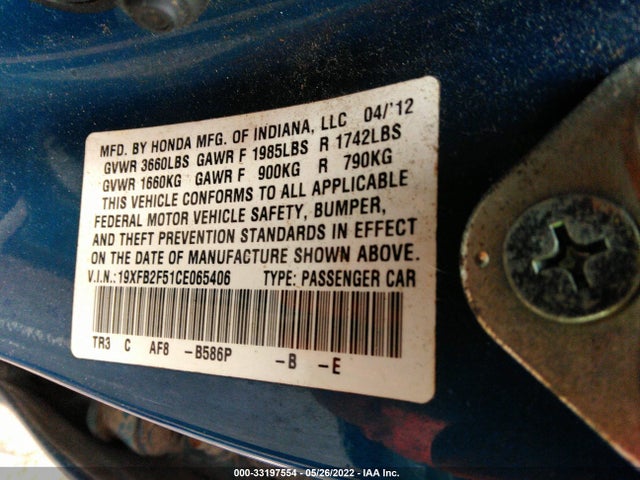 2012 HONDA CIVIC SDN LX VIN: 19XFB2F51CE065406