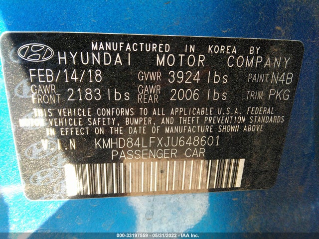 2018 HYUNDAI ELANTRA SEL VIN: KMHD84LFXJU648601