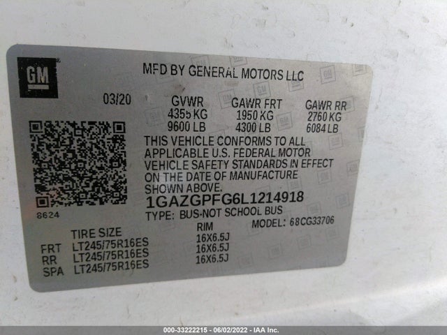 2020 Chevrolet Express, VIN: 1GAZGPFG6L1214918