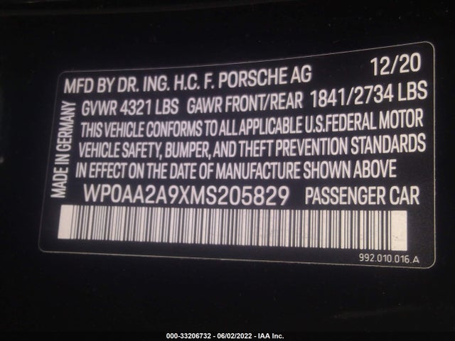 2021 Porsche 911, VIN: WP0AA2A9XMS205829