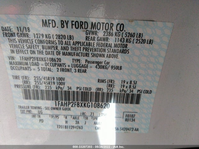 2019 Ford Taurus, VIN: 1FAHP2F8XKG108620