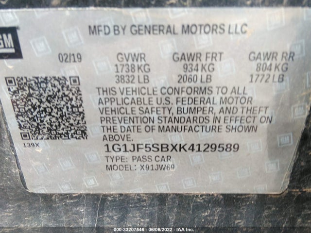 2019 Chevrolet Sonic, VIN: 1G1JF5SBXK4129589