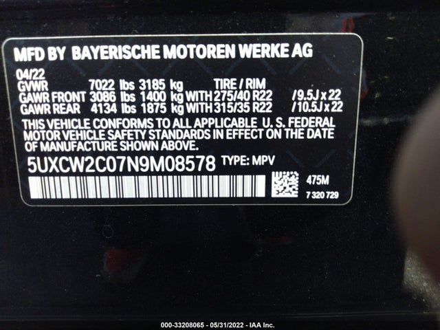 2022 BMW X7, VIN: 5UXCW2C07N9M08578