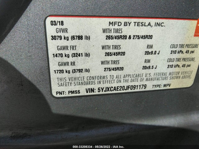 2018 Tesla Model X, VIN: 5YJXCAE20JF091179