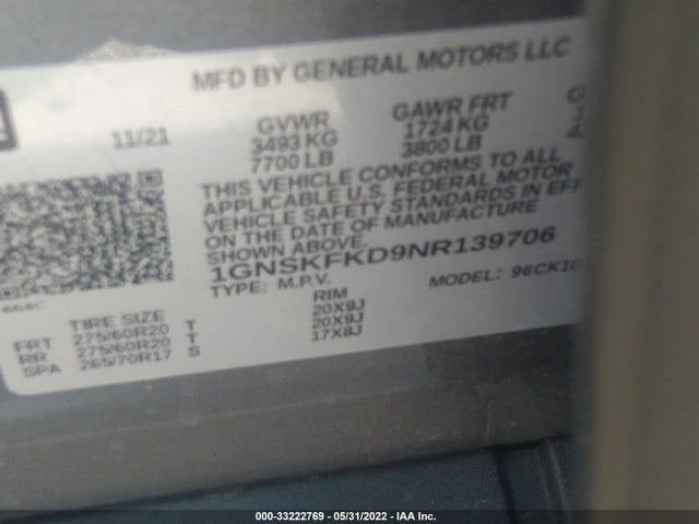 2022 Chevrolet Suburban, VIN: 1GNSKFKD9NR139706