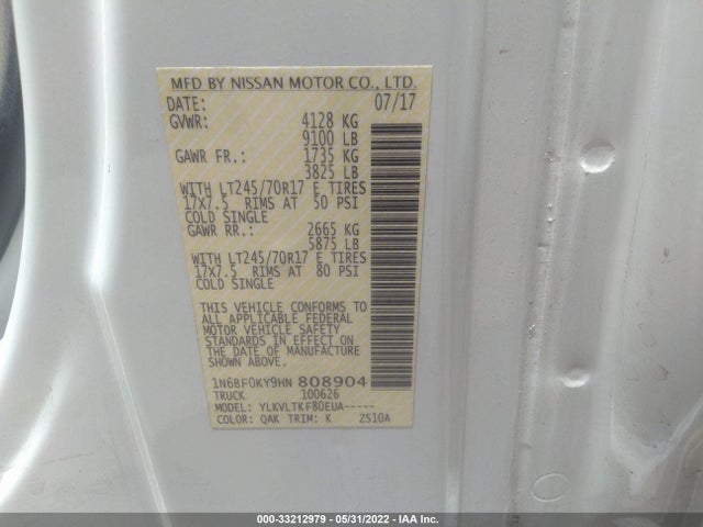2017 Nissan NV, VIN: 1N6BF0KY9HN808904