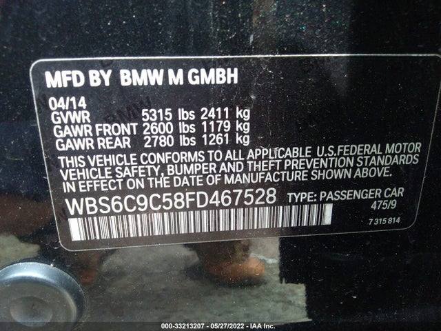 2015 BMW M6, VIN: WBS6C9C58FD467528
