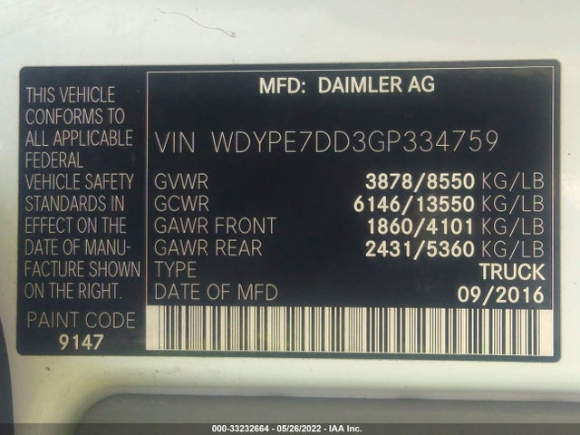 2016 Freightliner Sprinter, VIN: WDYPE7DD3GP334759